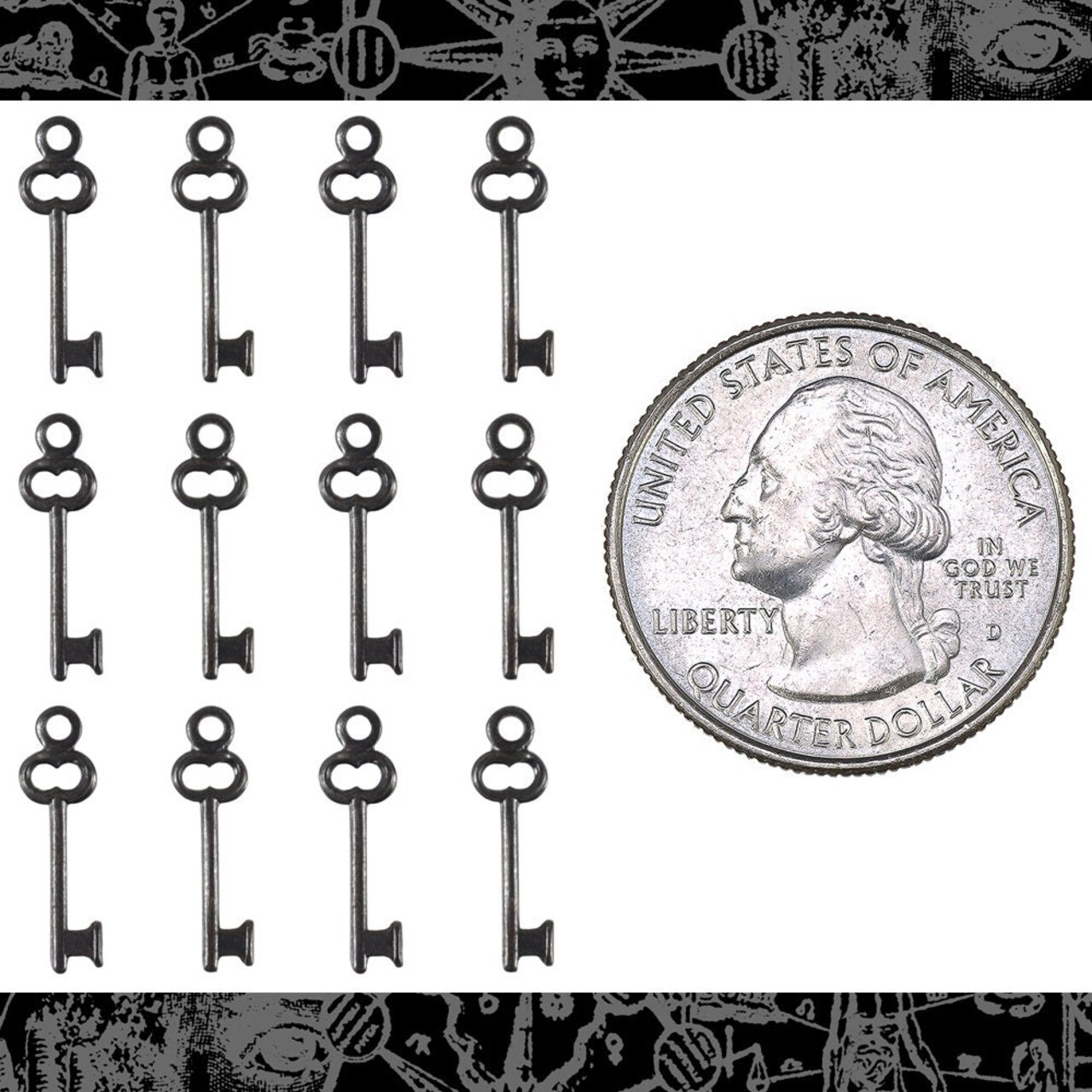 Black Plated Brass Mini Keys Charms Itty Bitty Teeny Weeny Brass Keys - Set of 12 - BB-C129